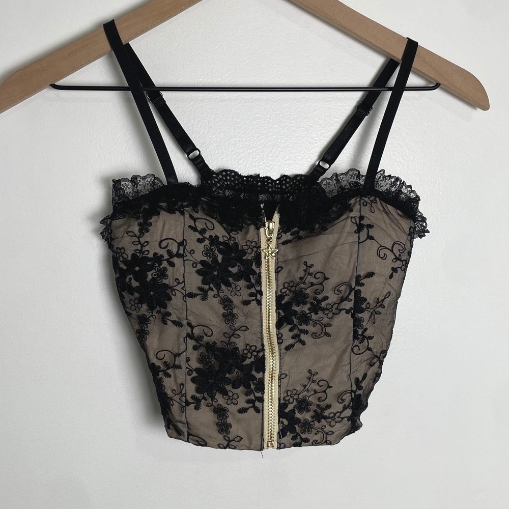 Lace Corset Top Women XS Black Tan Mesh Floral Y2K Coquette Fairy Whimsigoth